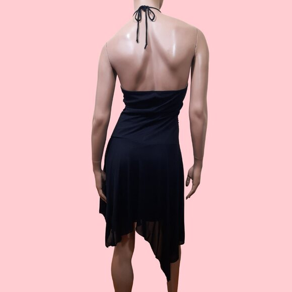 90s Y2K Black Mesh Dress Ruched Asymmetric Halter Party Cocktail size M - Picture 6 of 6